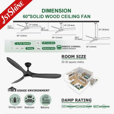 Black Ceiling Fan 3 Blade Solid Wood Blade High Speed Low Noise Dc Motor