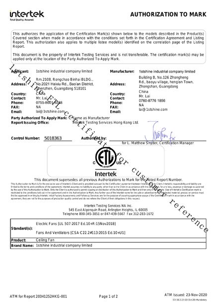 China 1stshine Industrial Company Limited Certificações